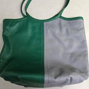 COACH: Luxury Leather Bea Tote Bag. C2594 model. Green and Gray Color Combo.